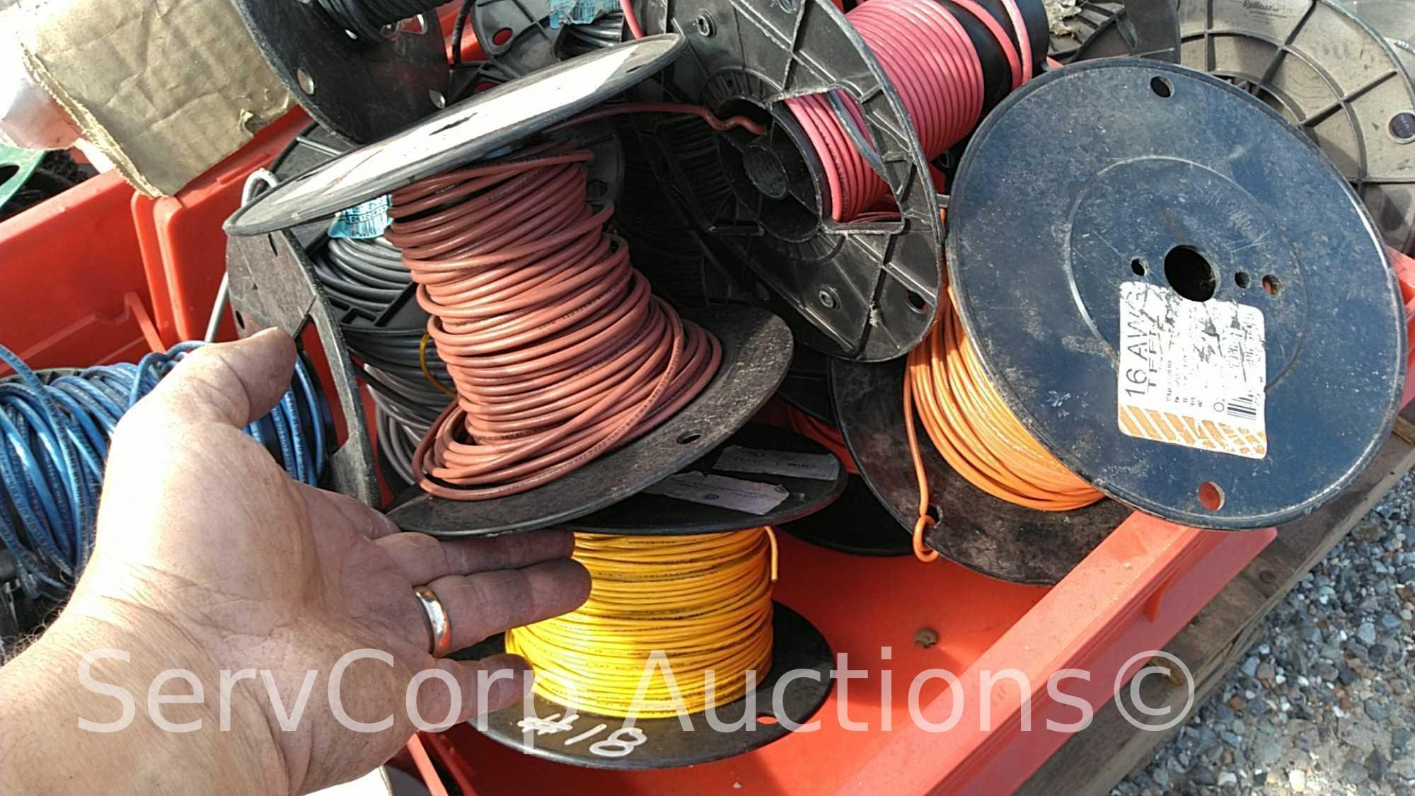 Lot on Pallet of 12-gauge jack chains, carburetor hose, various spools of wire: 12AWG, 16AWG, 14AWG,