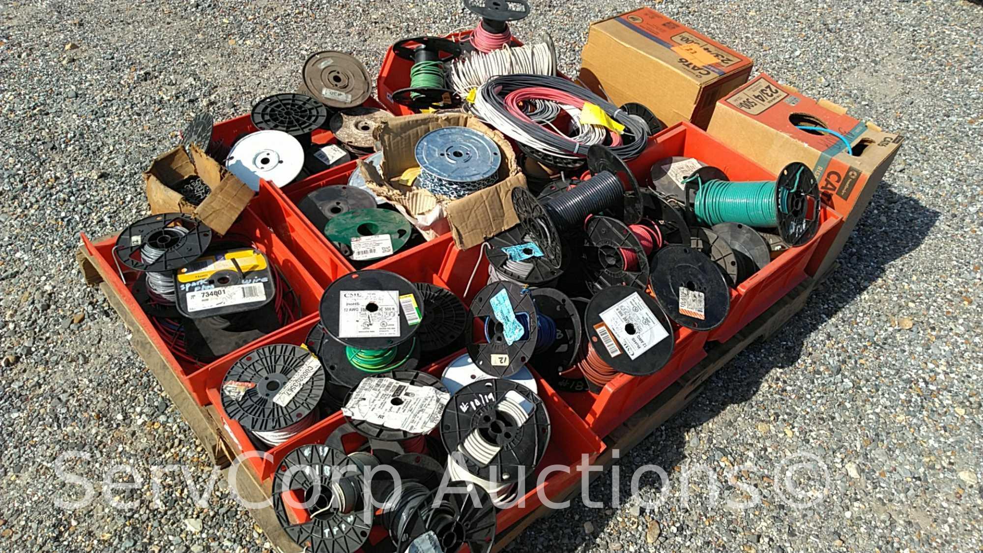 Lot on Pallet of 12-gauge jack chains, carburetor hose, various spools of wire: 12AWG, 16AWG, 14AWG,