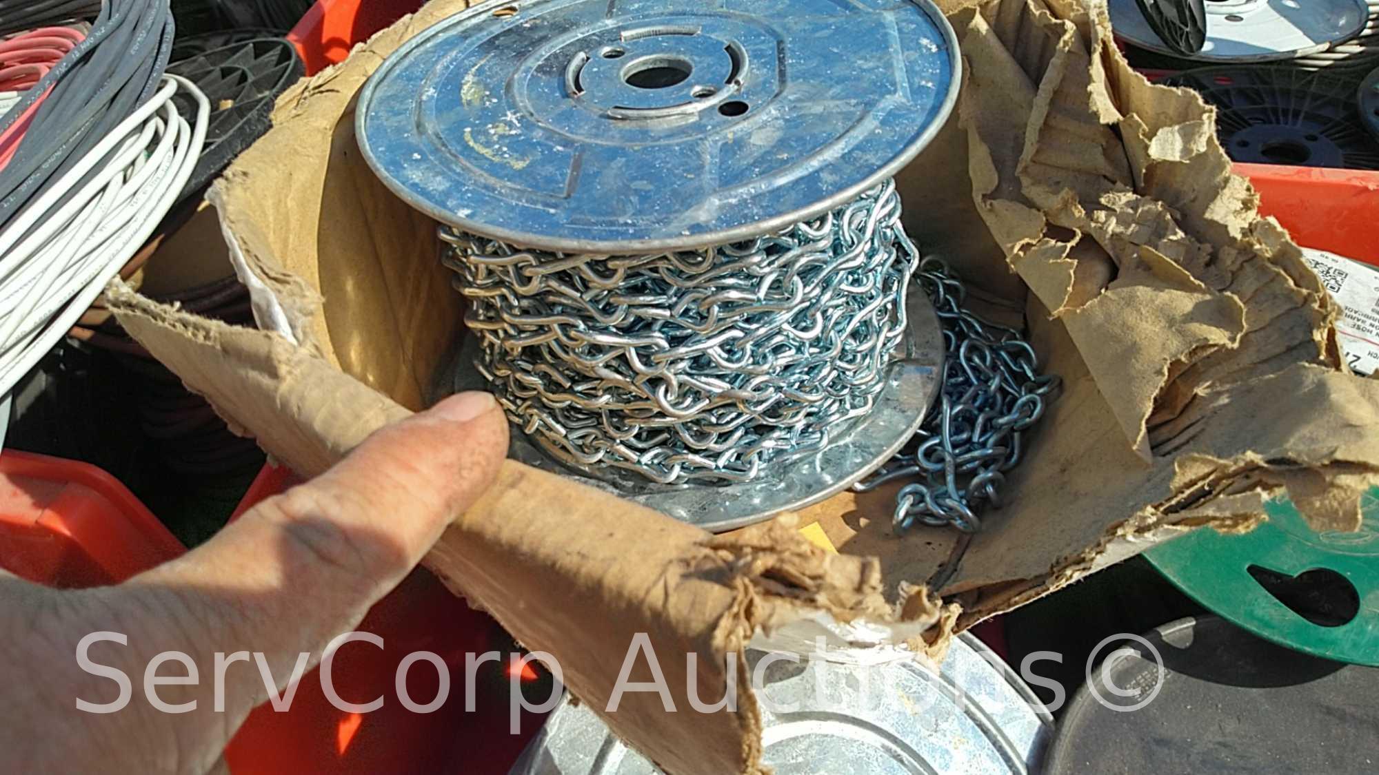 Lot on Pallet of 12-gauge jack chains, carburetor hose, various spools of wire: 12AWG, 16AWG, 14AWG,