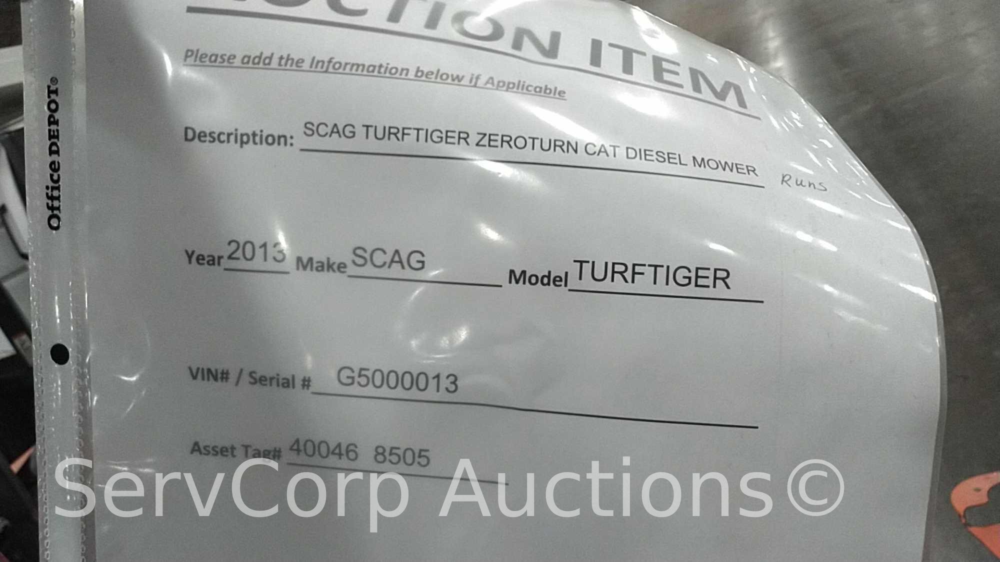 2013 Scag Turftiger CAT Diesel SN: G5000013, Runs, Blades engage, Tag # 40046/8508