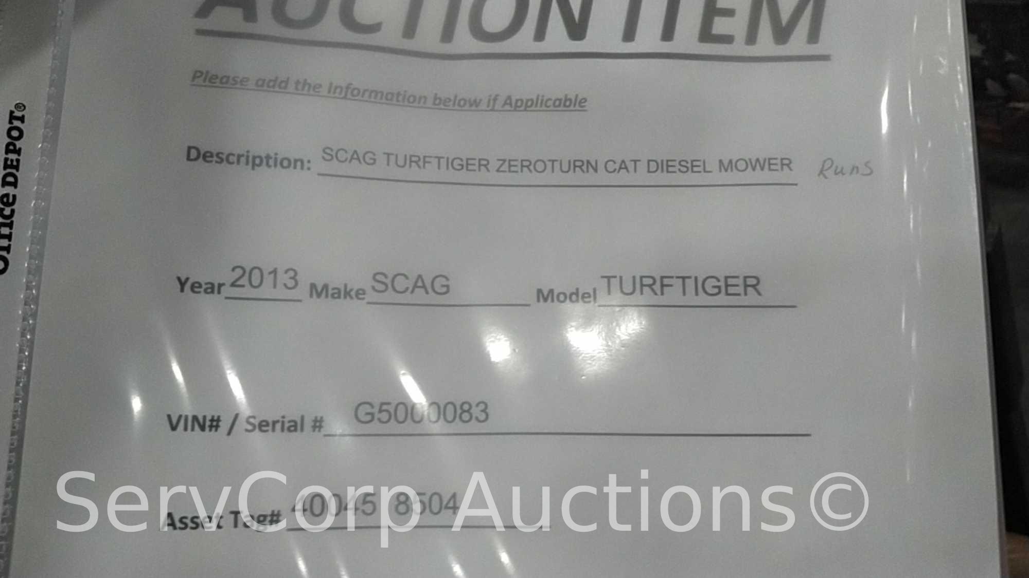 2013 Scag Turftiger CAT Diesel SN: G5000083, Runs, Blades engage, Tag # 40045/8504