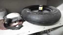 Lot on 3 Shelves: Saw Blades, Grinding Wheels, Small Pipe Benders, Wheel Barrow Tire, Kneed Pads,