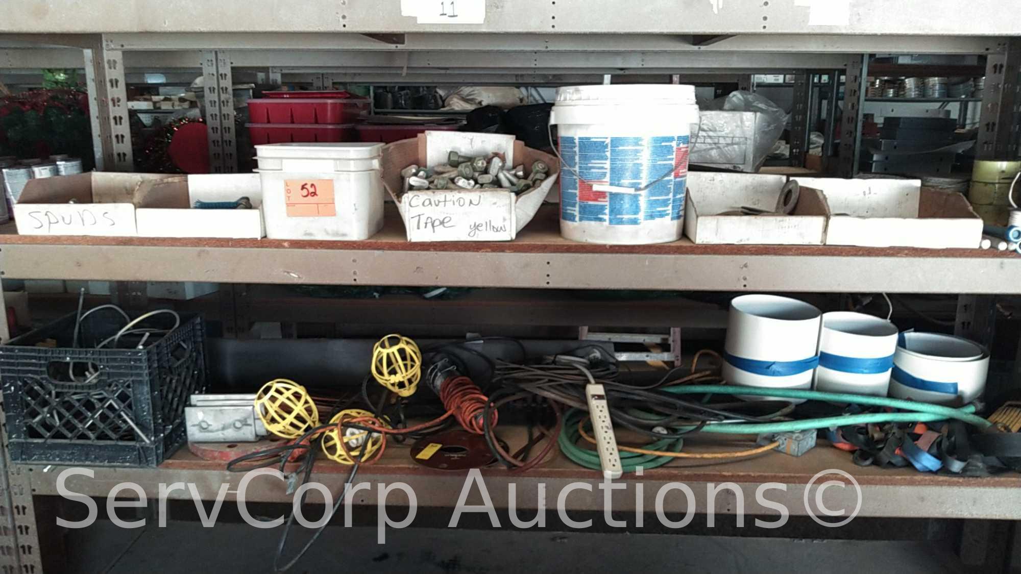 Lot on 2 Shelves of Various Nuts, Bolts, Washers, Hard Gaskets, Straps, Electrical Wire, Rope Light,
