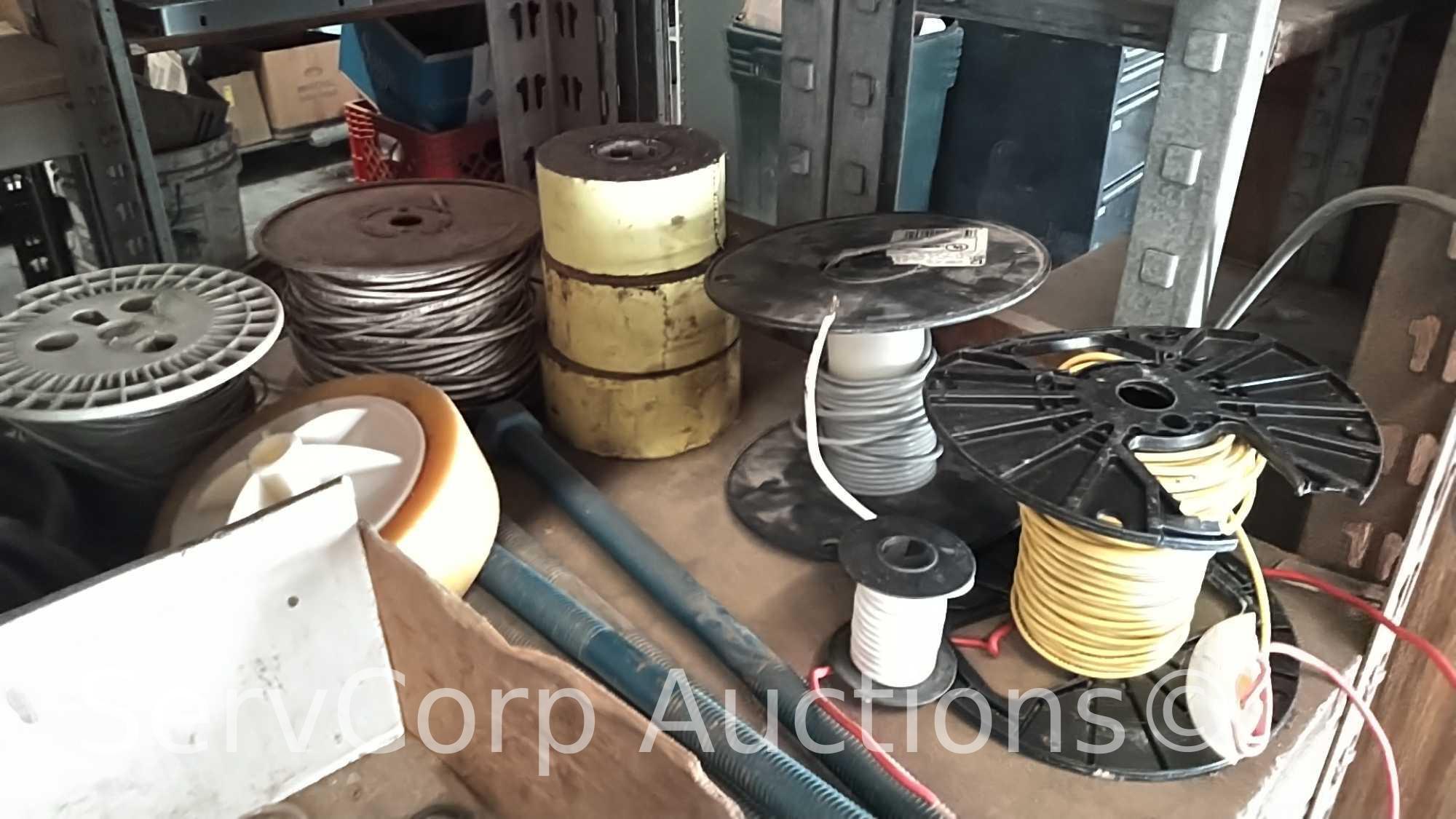 Lot on 2 Shelves of Various Nuts, Bolts, Washers, Hard Gaskets, Straps, Electrical Wire, Rope Light,