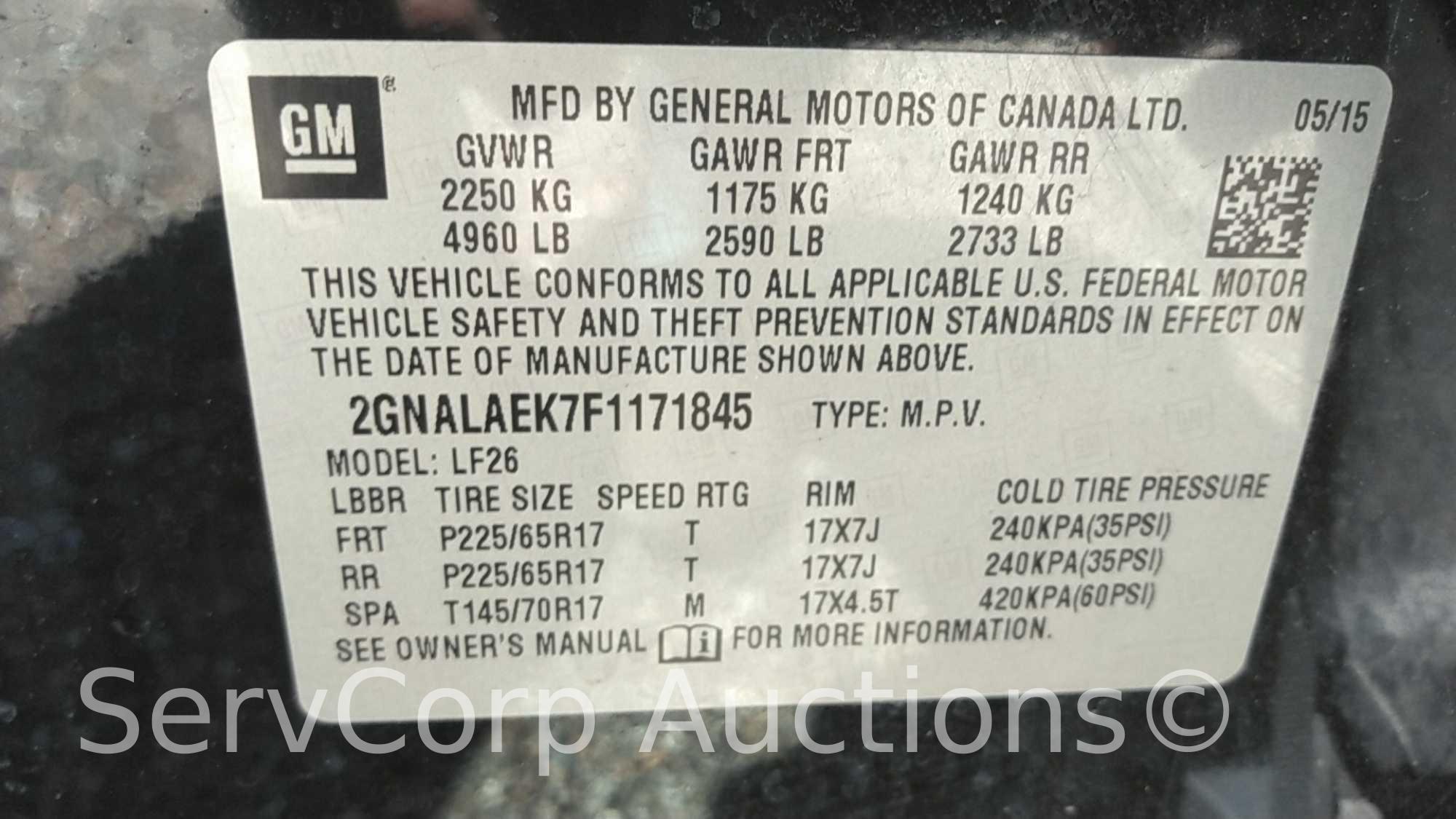 2015 Chevrolet Equinox Multipurpose Vehicle (MPV), VIN # 2GNALAEK7F1171845