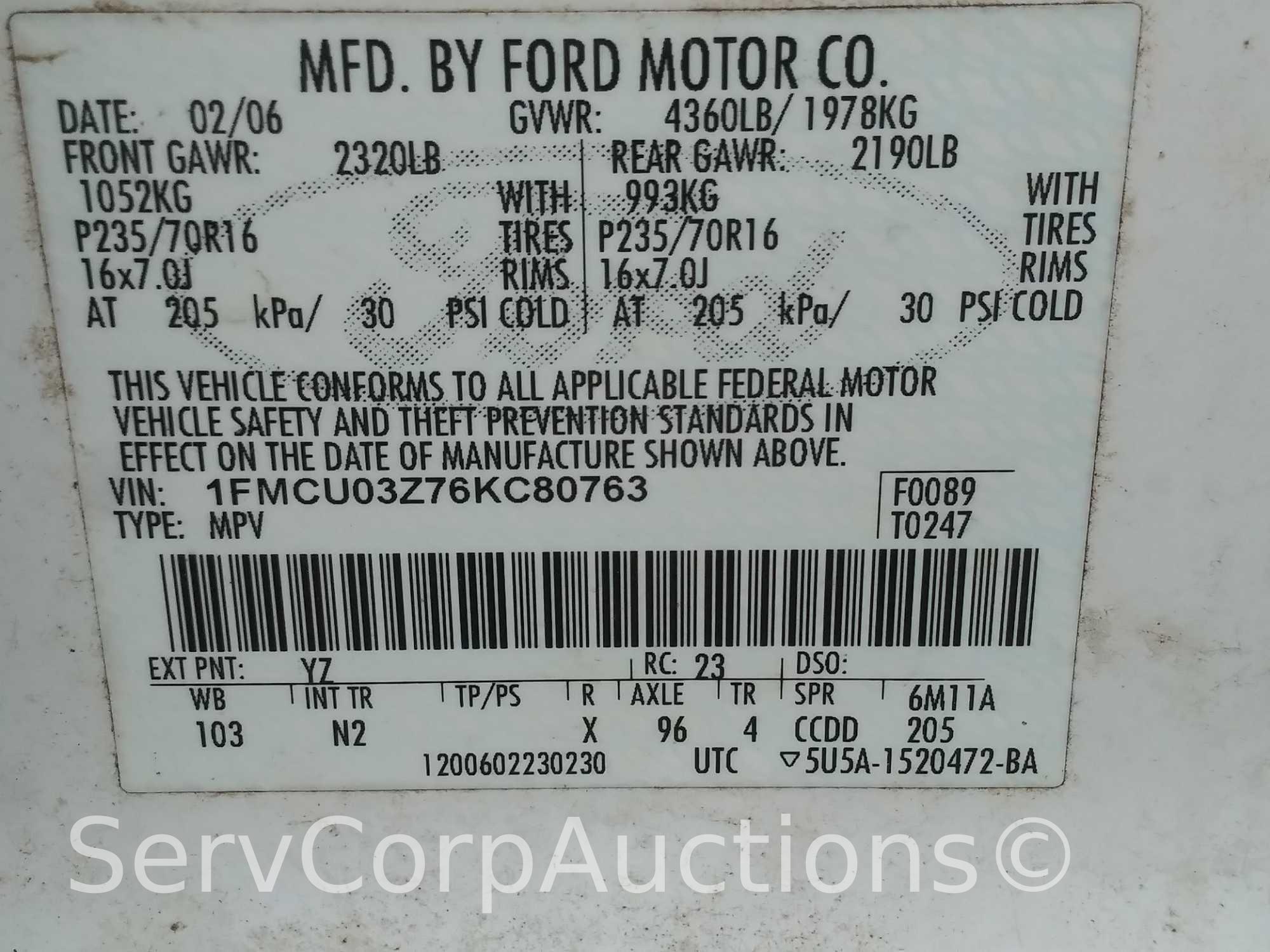 2006 Ford Escape Multipurpose Vehicle (MPV), VIN # 1FMCU03Z76KC80763