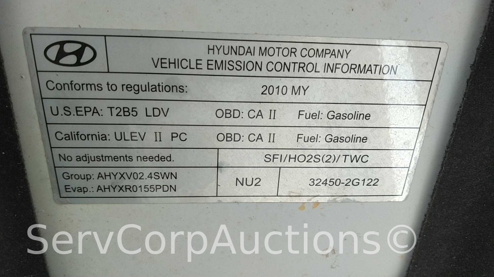 2010 Hyundai Sonata Passenger Car, VIN # 5NPET4AC9AH659647 Reconstructed, No Catalytic Converter