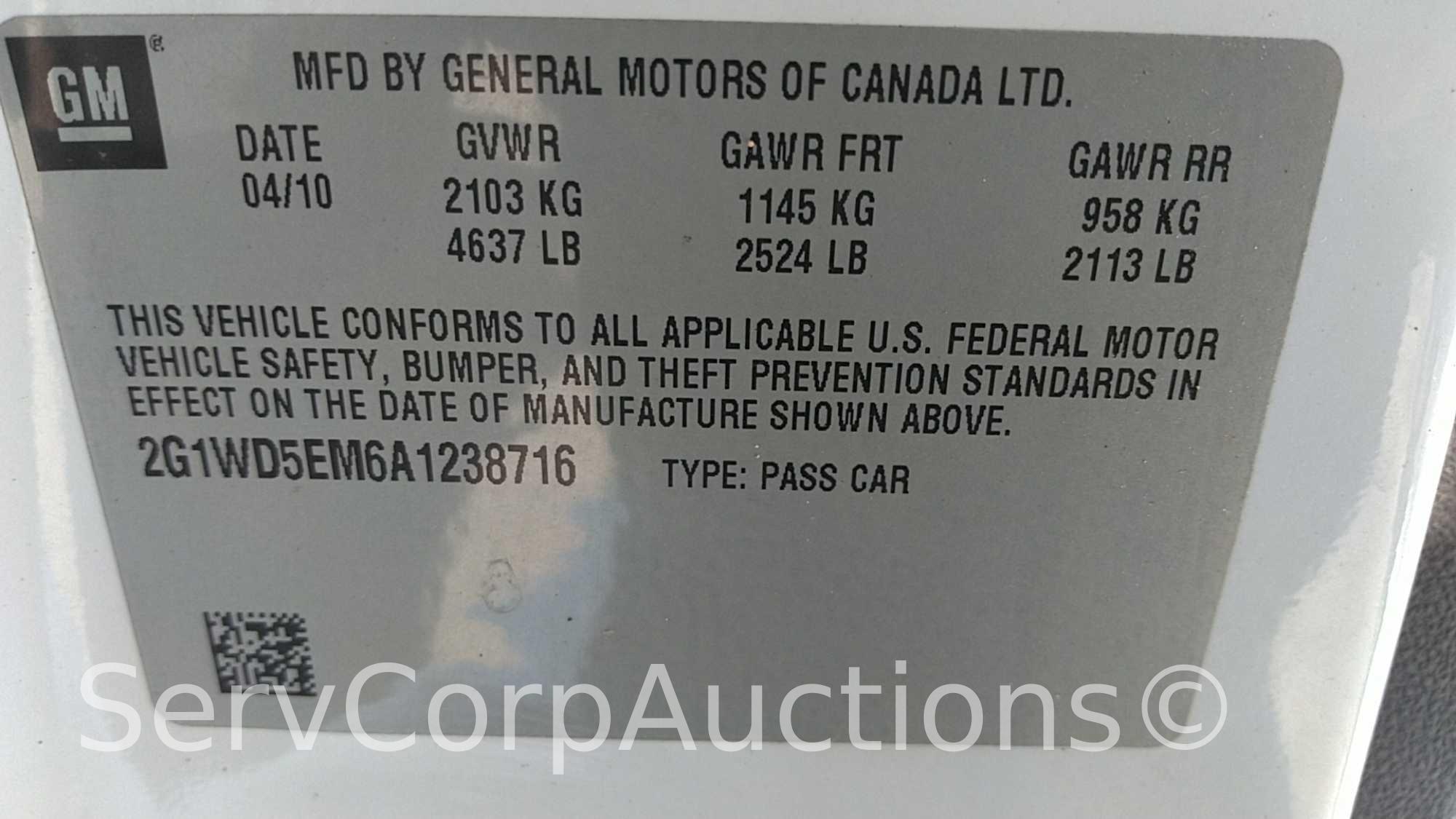 2010 Chevrolet Impala Passenger Car, VIN # 2G1WD5EM6A1238716