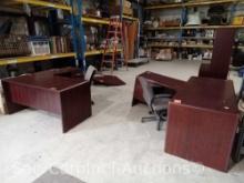 Lot of Small Desk with Hutch, Brown Corner Table Top, 2 Large Brown Wood Desks with Returns, Leather