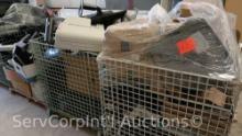 Lot in Bins 1 & 2 & on Pallet: Monitors, Printers, Sound Bars, Cables, Keyboards, Cameras, Fax