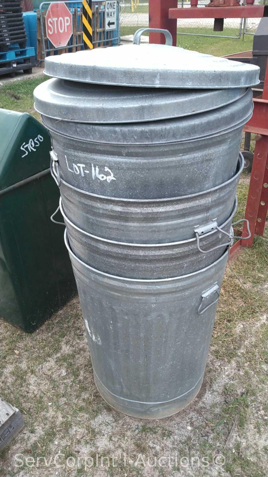 Lot of 4 Galvanized Trash Cans with Lids