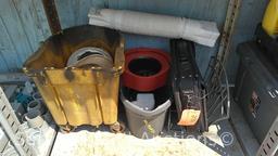 Lot on Shelf of Mop Buckets, Laptop Bag, Hose Holder, Down Spout Accessory, Hard Hat, Sun Hat