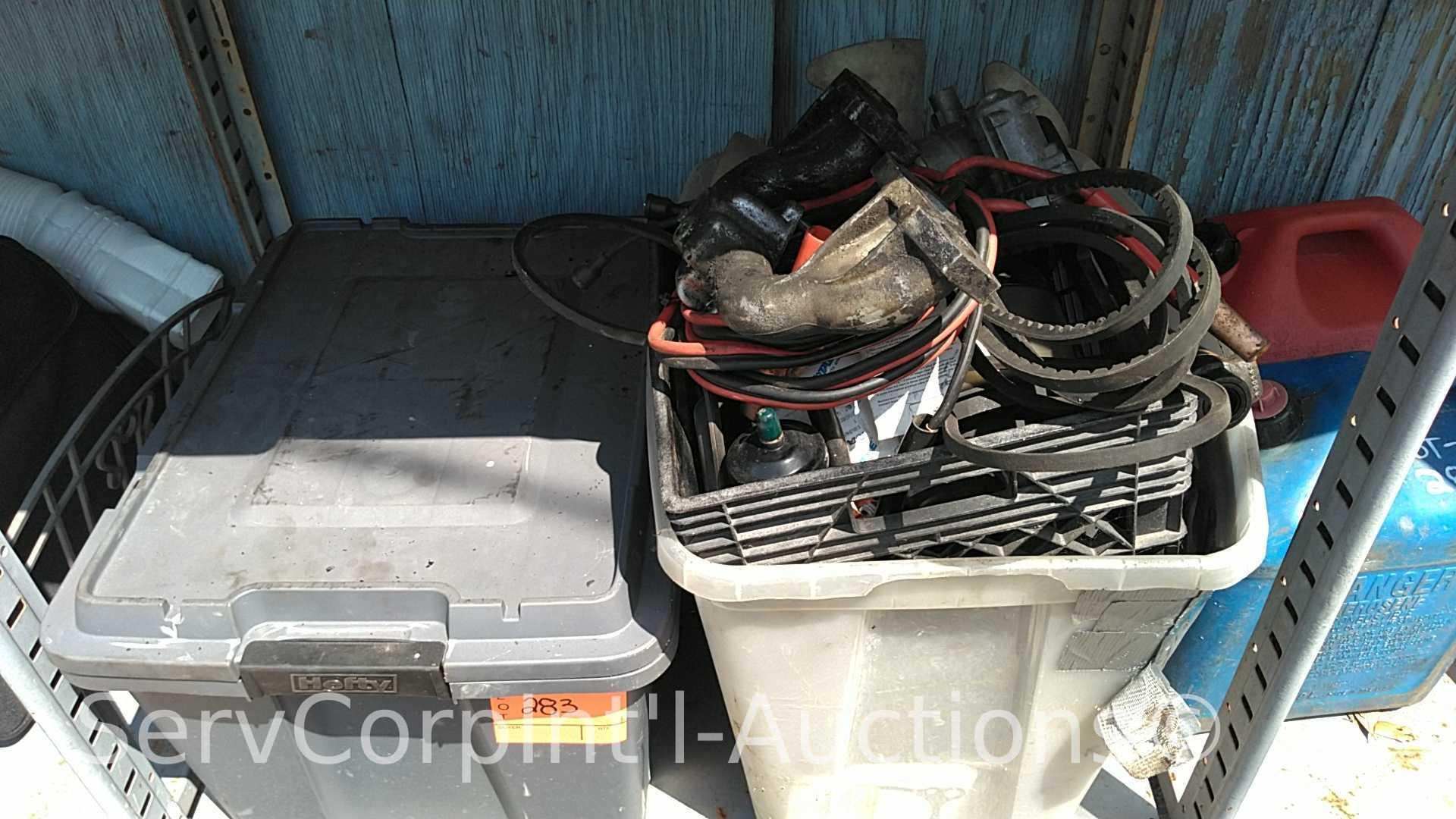 Lot on Shelf of Various Forklift Parts, Gaskets, Belts, Clutch Fan, Filter, Regulator, Trans Fluid,