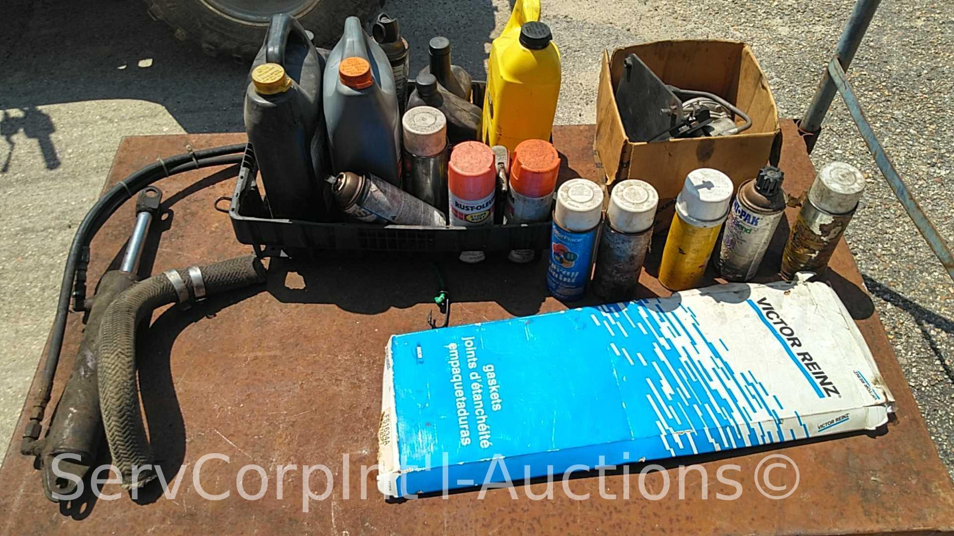 Lot on Shelf of Various Forklift Parts, Gaskets, Belts, Clutch Fan, Filter, Regulator, Trans Fluid,