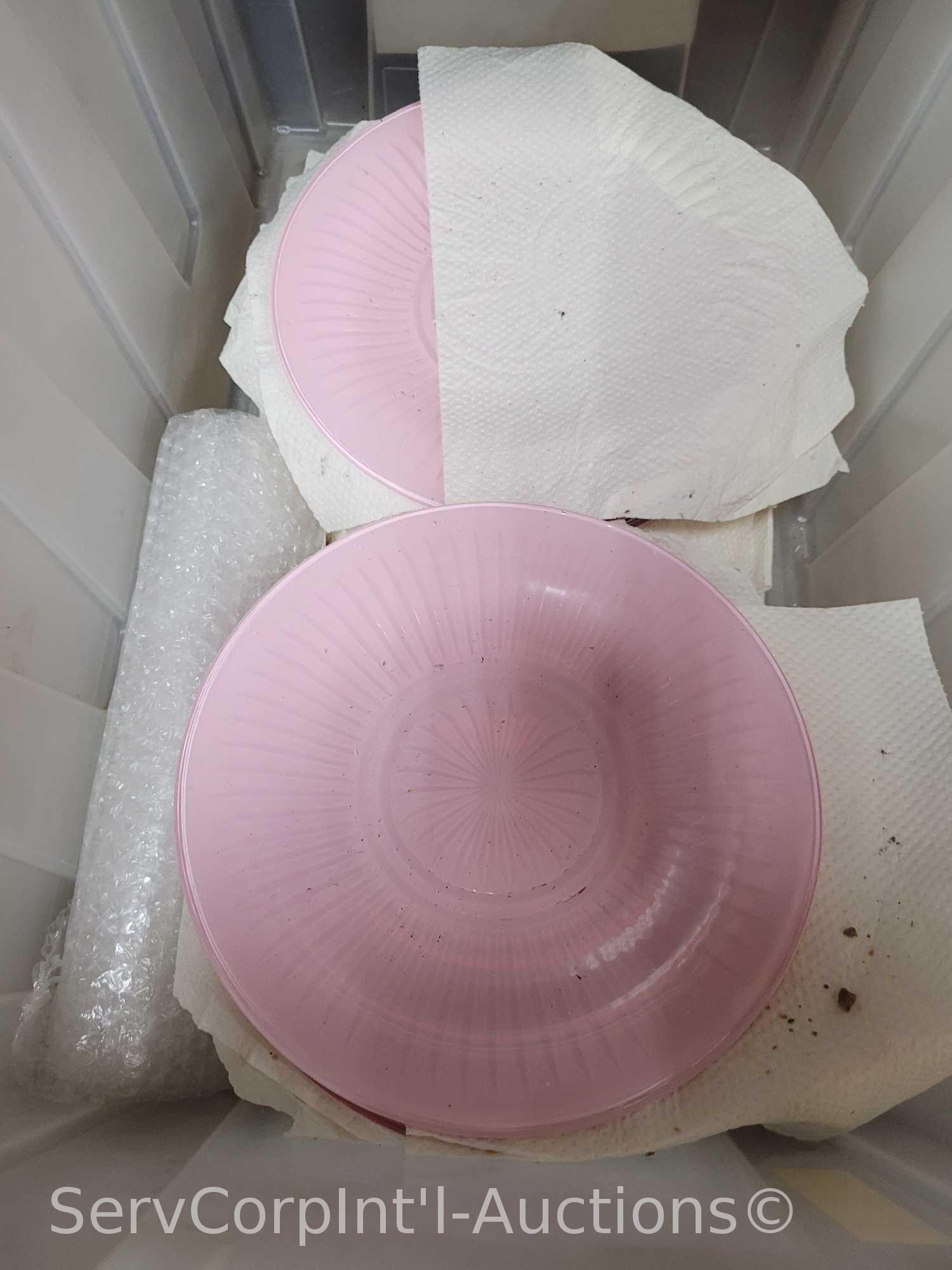 Lot on 2 Shelves of Various Bowls, Christmas Plates, Pink Plates, Saucers (Seller: St. Tammany
