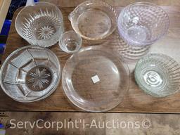 Lot on 2 Shelves of Various Bowls, Christmas Plates, Pink Plates, Saucers (Seller: St. Tammany