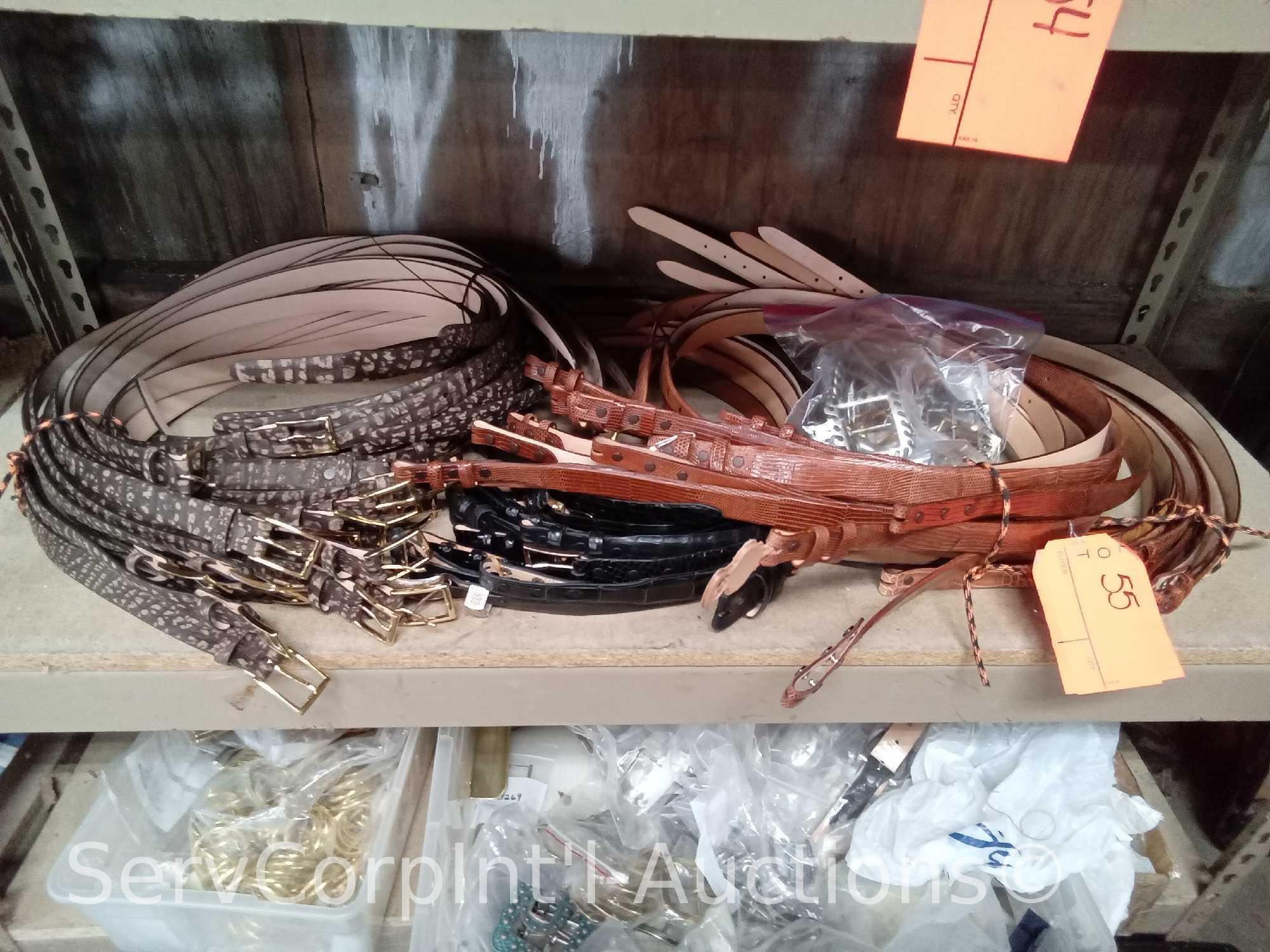 Lot on Shelf of Approximately 64 Belts & a Bag of Various Buckles: Wildebeest, Horn Back Alligator,