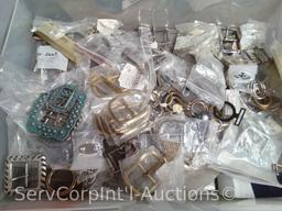 Lot on Shelf of Various Belts & Buckles, Buckle Rings, Belt Tips, Who Dat Buttons, Etc.