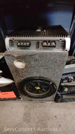 Lot on Shelf of Various Car Stereos, Blues Amp, 6x9 Kicker Speaker, 8" Kicker Woofer, Rockford
