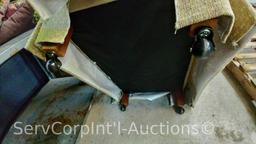 Lot on Shelf of Gold Fabric Ottoman Footstool with one Broken Leg and Various Throw Pillows