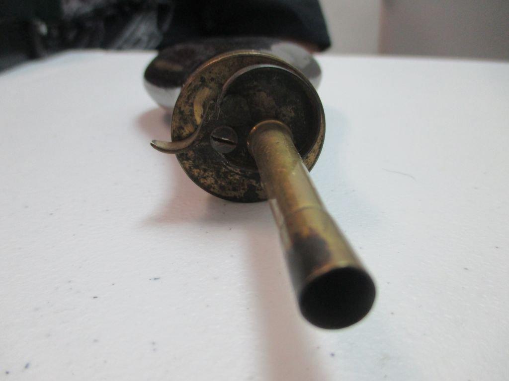 jr-15 Antique Metal powder horn marked Made in Italy. Great condition with military design on front.