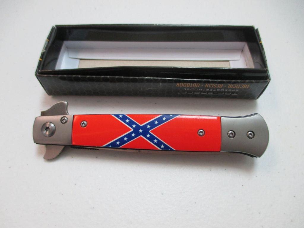 jr-7 Brand new Rebel flag stilletto knife. 6in closed and 10.5 open