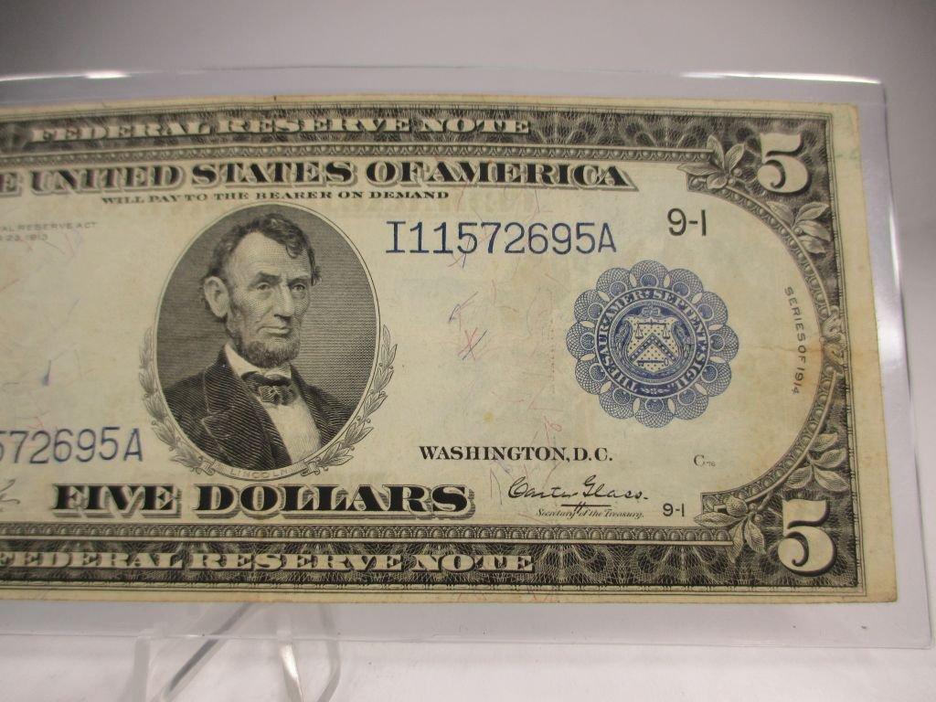 jr-11 VF/XF 1914 $5 Large Size Blue seal Federal Reserve Minneapolis MN Note. NO Holes, NO Rips.