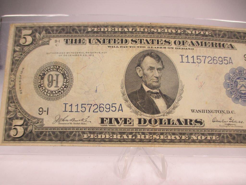 jr-11 VF/XF 1914 $5 Large Size Blue seal Federal Reserve Minneapolis MN Note. NO Holes, NO Rips.