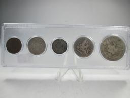 g-23 1907 Type coin set in circulated condition. Silver half, quarter and dime as well as a nickel a