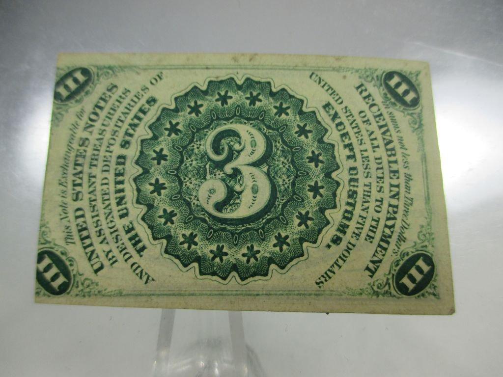 jr-8 1863 US 3 Cent fractional currency in AU Condition. A very Nice example of a rare note