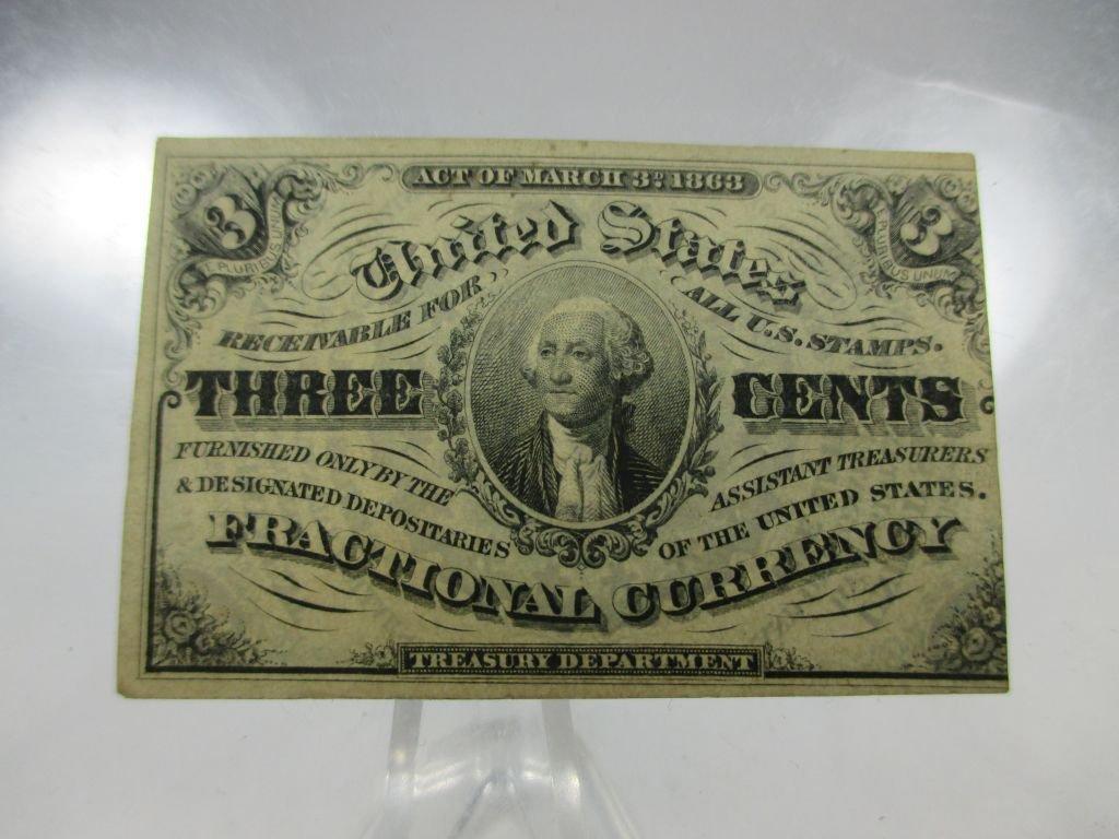 jr-8 1863 US 3 Cent fractional currency in AU Condition. A very Nice example of a rare note