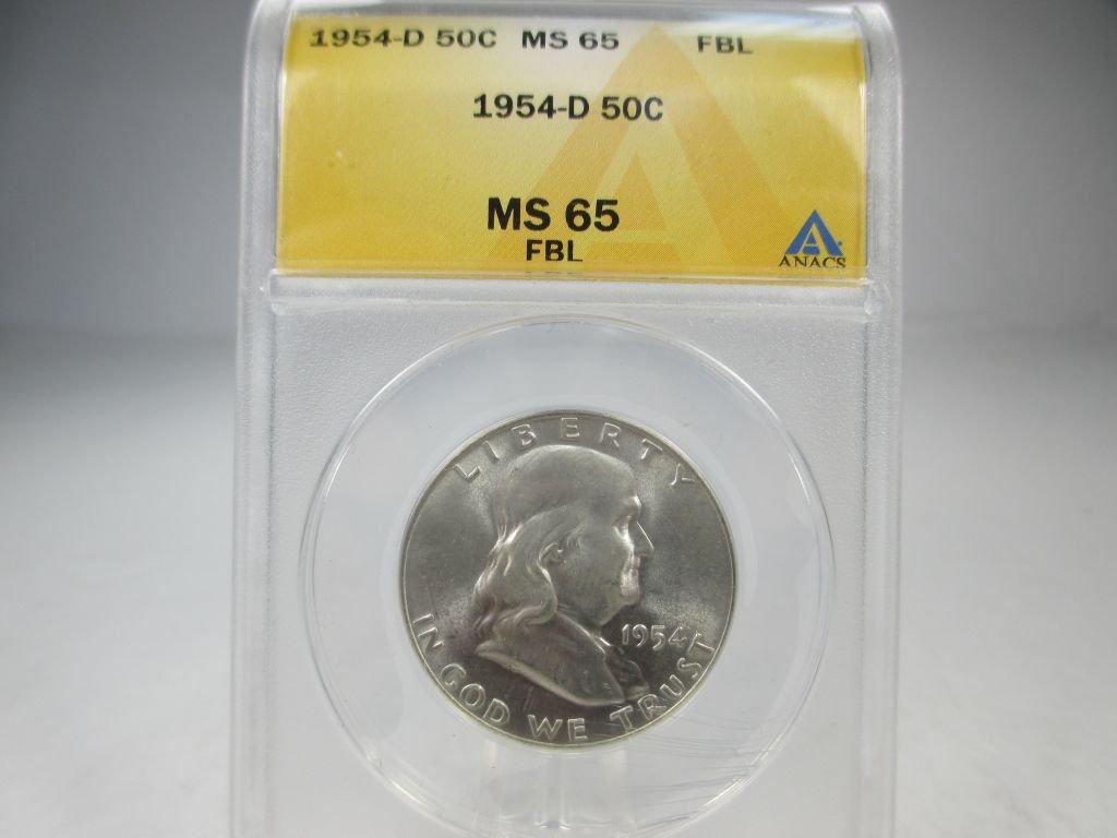 g-19 1954-D ANACS MS-65 FBL Franklin Half Dollar. Rare