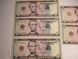 c-25 ODD Serial Number $5 Bills 5 Pieces Total. 33333305, 44444402, 55555531, 77777727, 11111105