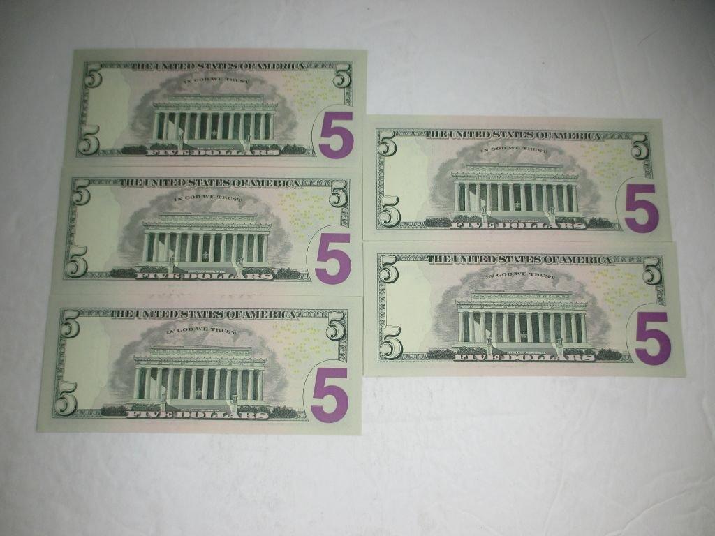 c-25 ODD Serial Number $5 Bills 5 Pieces Total. 33333305, 44444402, 55555531, 77777727, 11111105