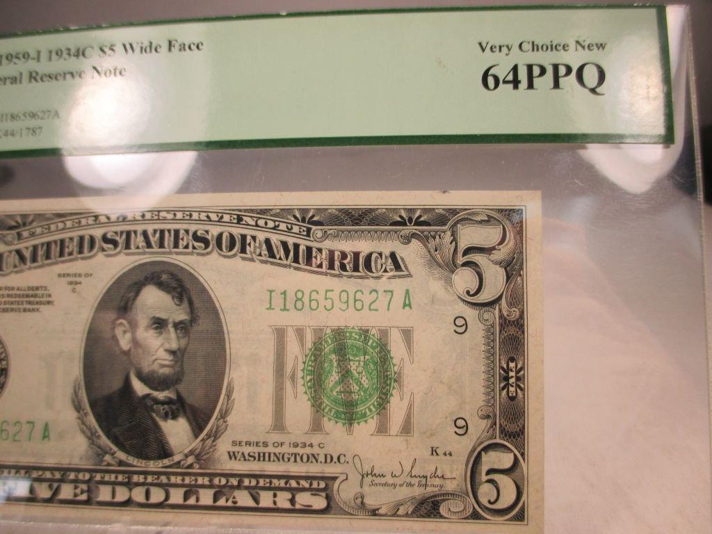 c-3 PCGS Choice New 64PPQ 1934-C $5 Wide Face Federal Reserve Note