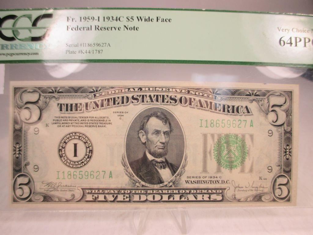 c-3 PCGS Choice New 64PPQ 1934-C $5 Wide Face Federal Reserve Note