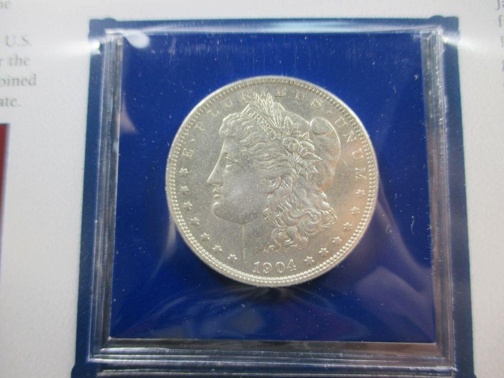 t-7 Last New Orleans Minted Silver Dollar Set. 1904-0 Morgan Dollar and Stamp Set.