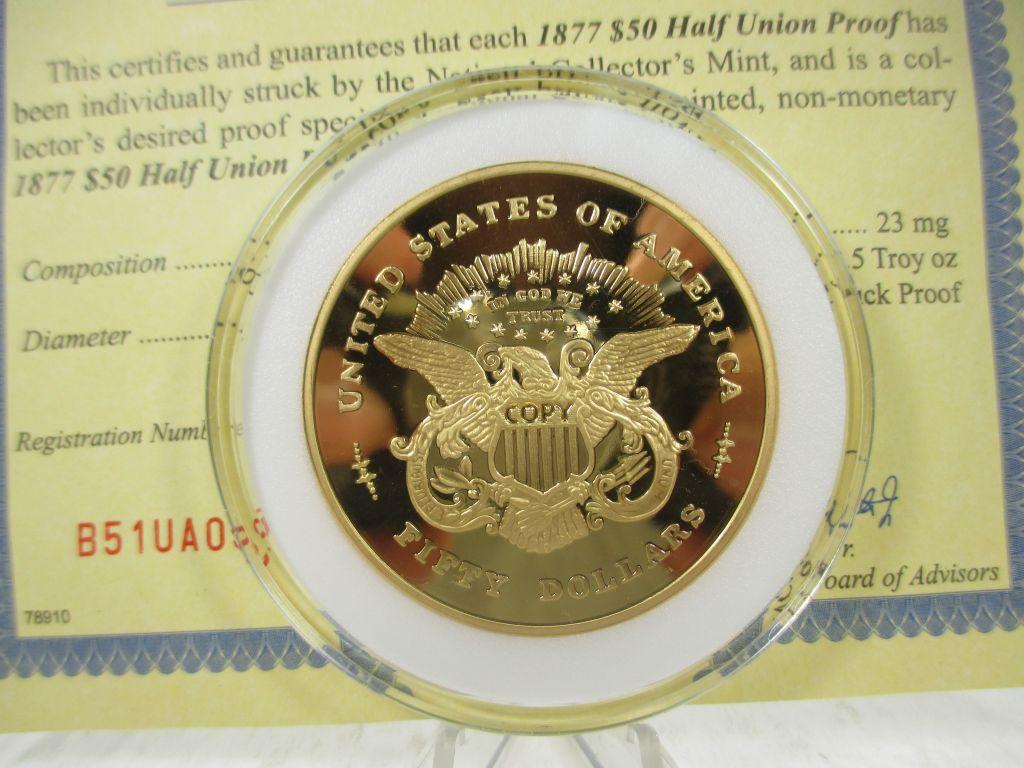 t-20 HUGE 24Kt Gold Plate 1877 $50 US Gold Piece Comm. Coin with COA