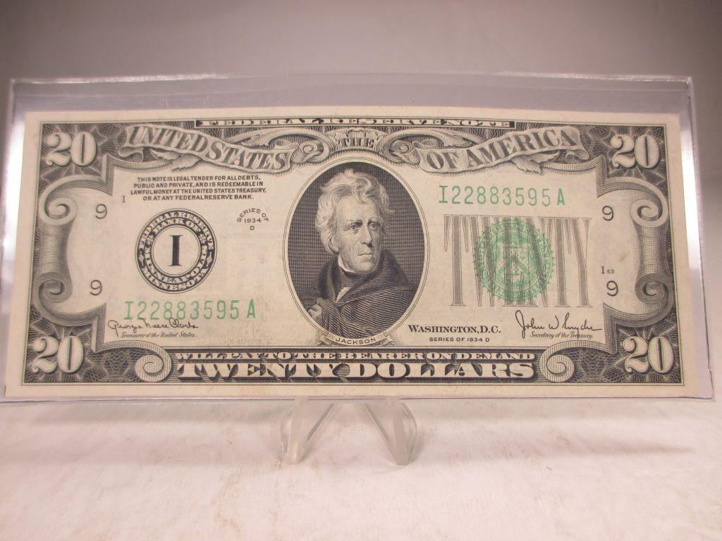 t-39 Gem Crisp Unc 1934-D $20 Light Green Seal Legal Tender Note. Mint condition