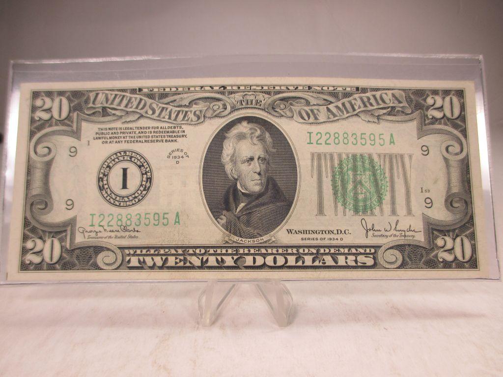 t-39 Gem Crisp Unc 1934-D $20 Light Green Seal Legal Tender Note. Mint condition