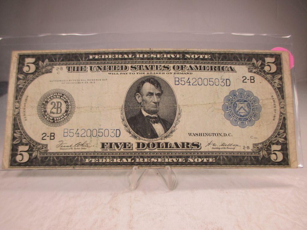 t-52 1914 Large Size $5 Blue Seal Federal Reserve Note in VF Condition