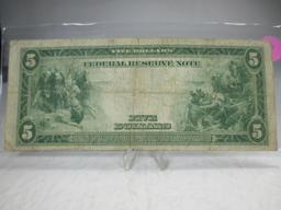 t-52 1914 Large Size $5 Blue Seal Federal Reserve Note in VF Condition