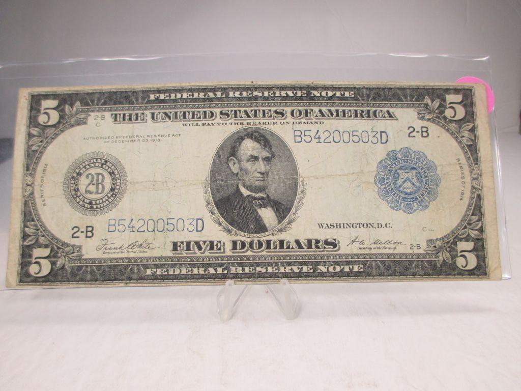 t-52 1914 Large Size $5 Blue Seal Federal Reserve Note in VF Condition