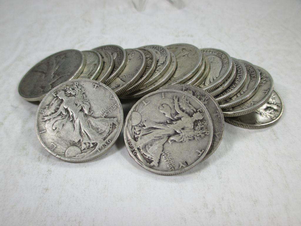 g-6 Full roll of 20 Walking Liberty Silver Half Dollars