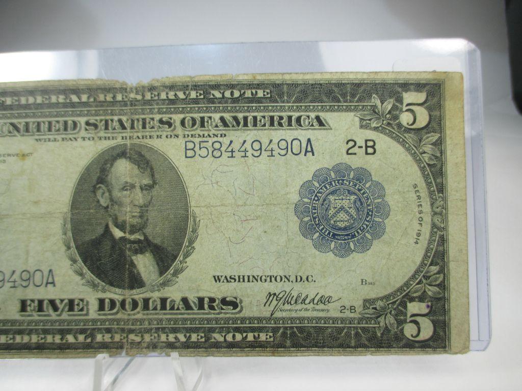 k-2 1914 Large Size $5 Blue Seal Note