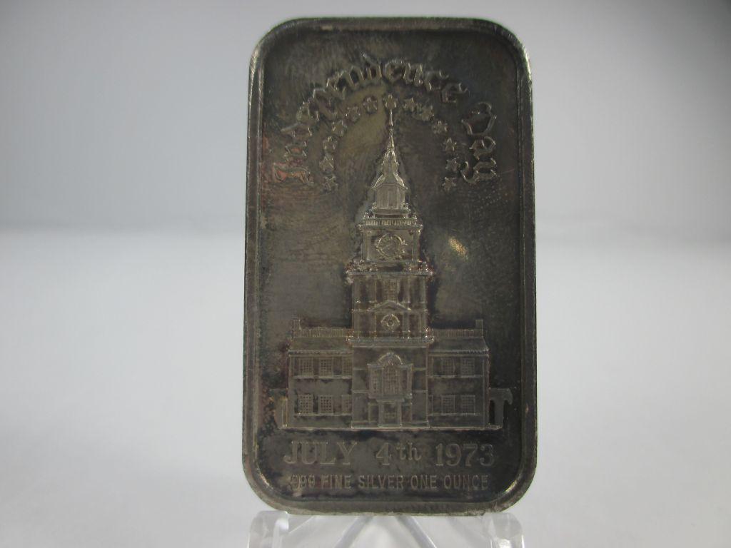 tj-5 1973 Independence Day RAINBOW toned 1oz .999 Silver Bar. RARE