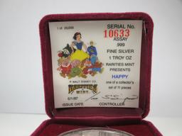 m-19 Vintage Collector 1987 Snow White and The Seven Dwarfs "Happy" 1 Ounce .999 Silver Round Serial