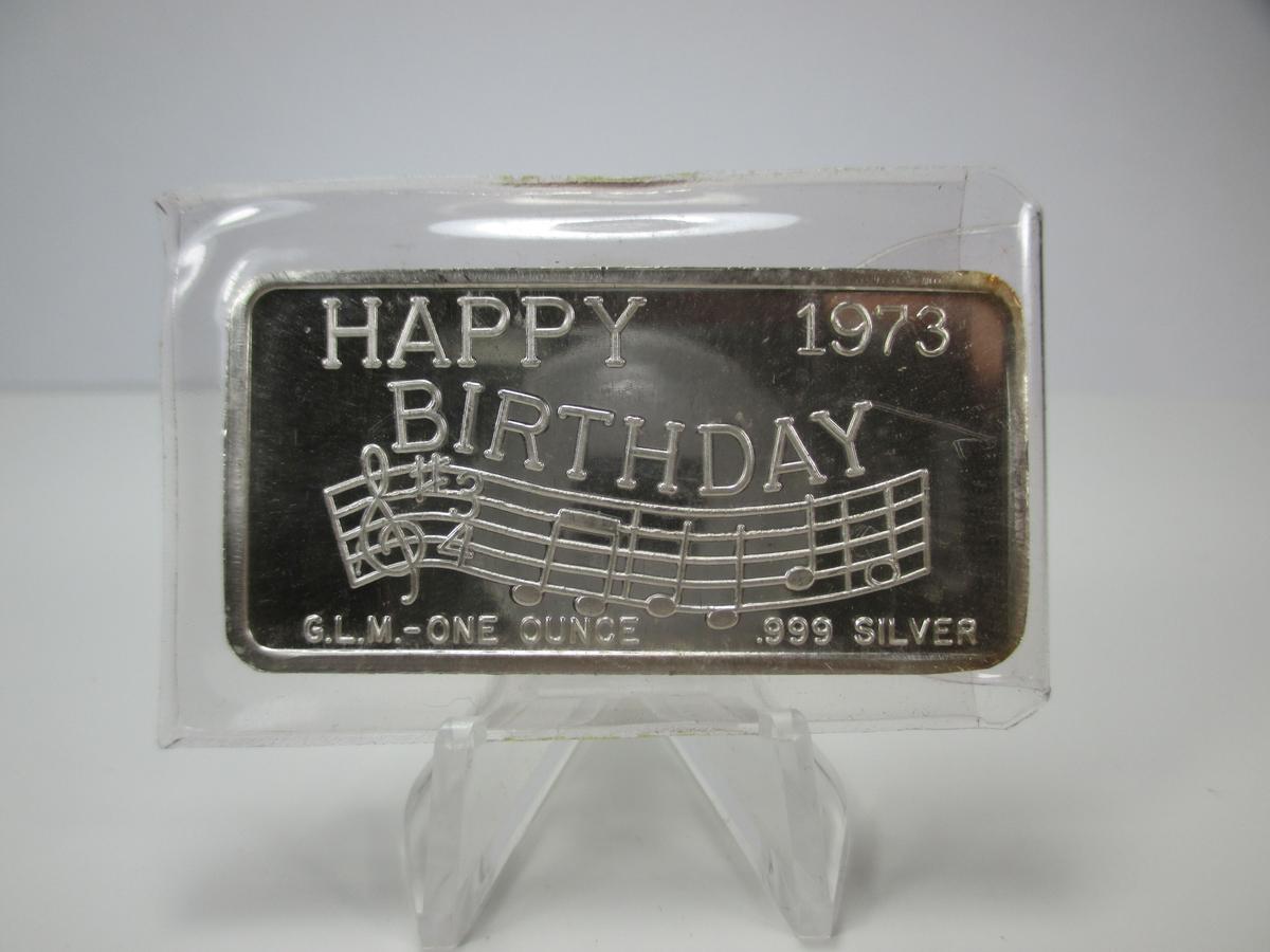 m-22 Vintage "Happy Birthday" 1973 Great Lakes Mint 1 Ounce .999 Silver Bar