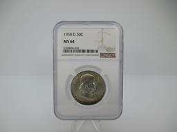 t-14 NGC Graded MS64 1958-D Franklin Silver Half Dollar