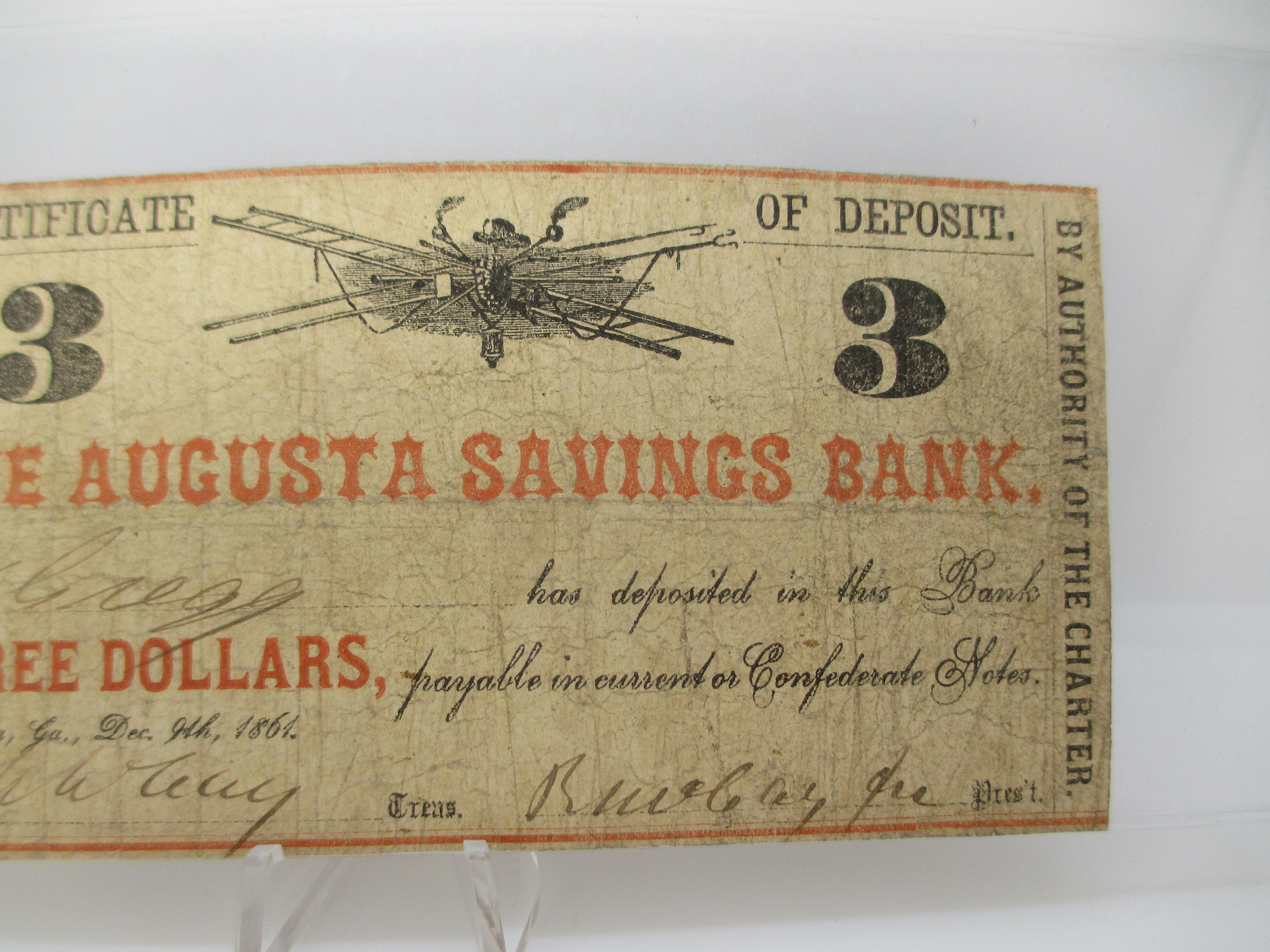 t-25 1861 Civil War Augusta Georgia $3 Bill